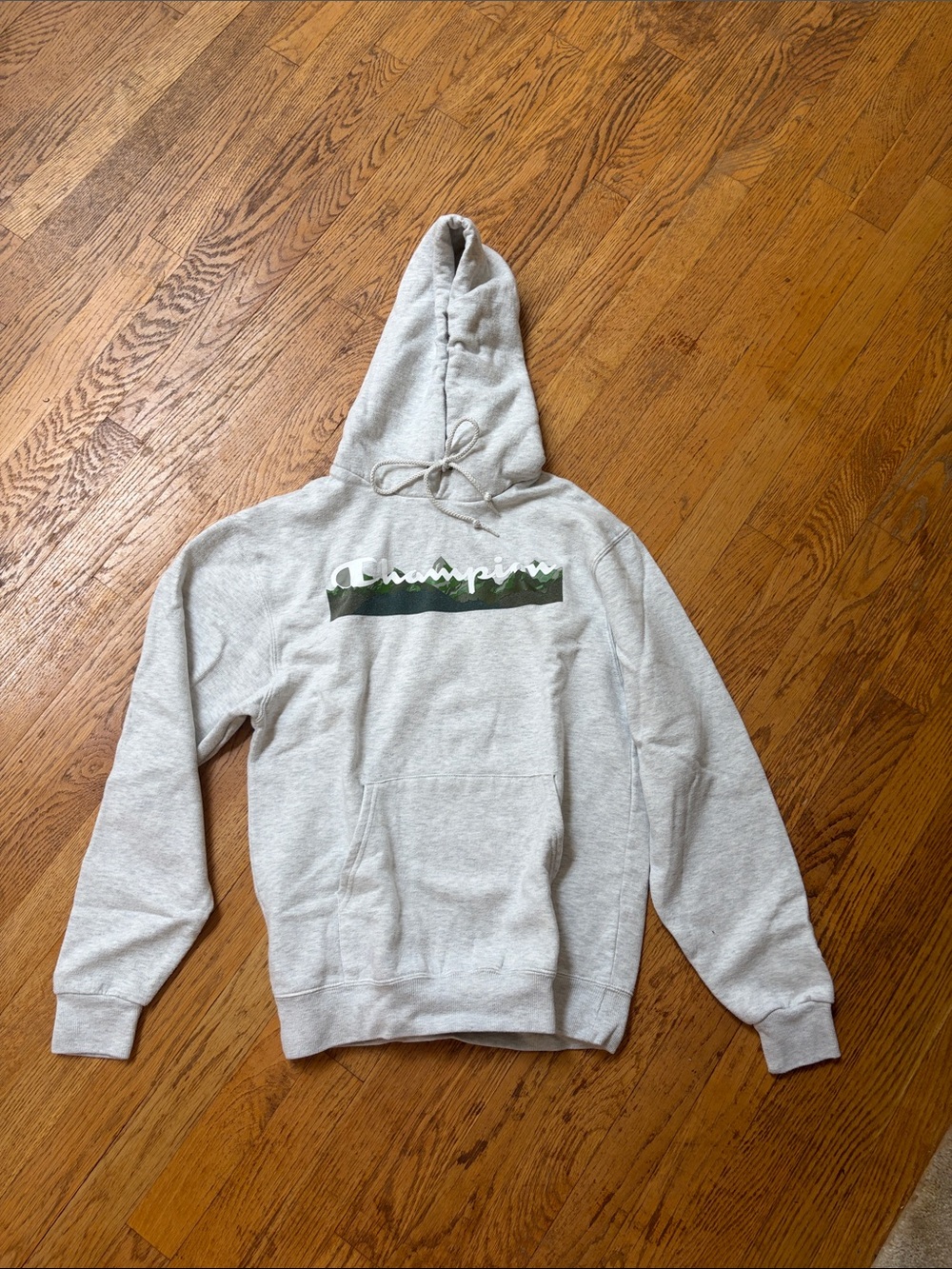 Champion Light Gray Hoodie with Green Logo Stripe
